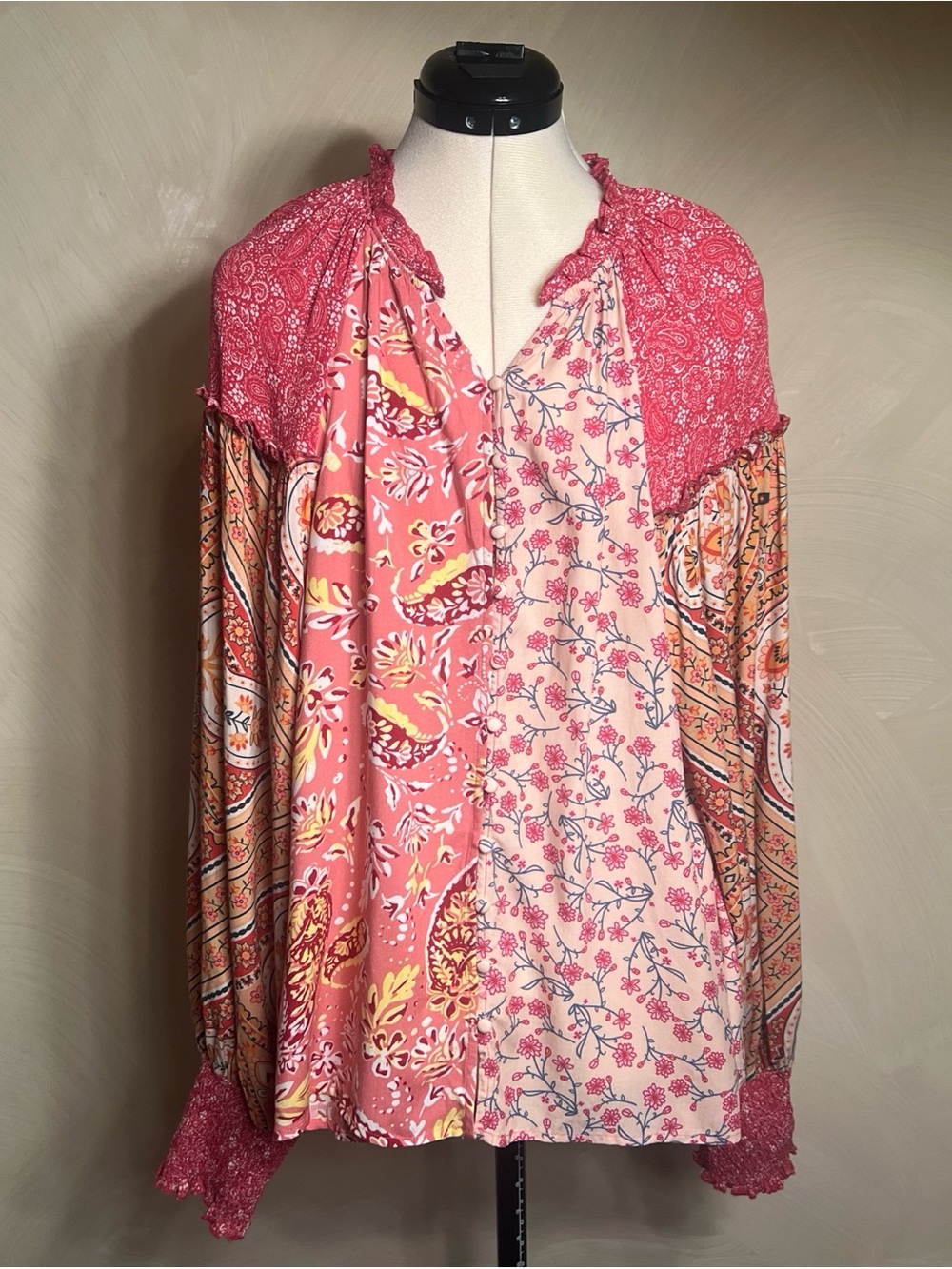 Oli & Hali Women's Pink Mixed Paisley Floral L/S Blouse Feminine Bohemian|Size:M
